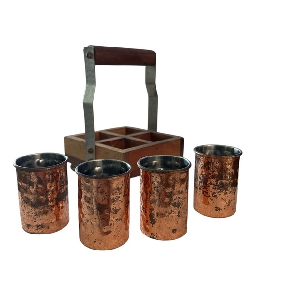 Hammered Copper Shot Glasses in Wooden Caddy - Picture 3 of 12